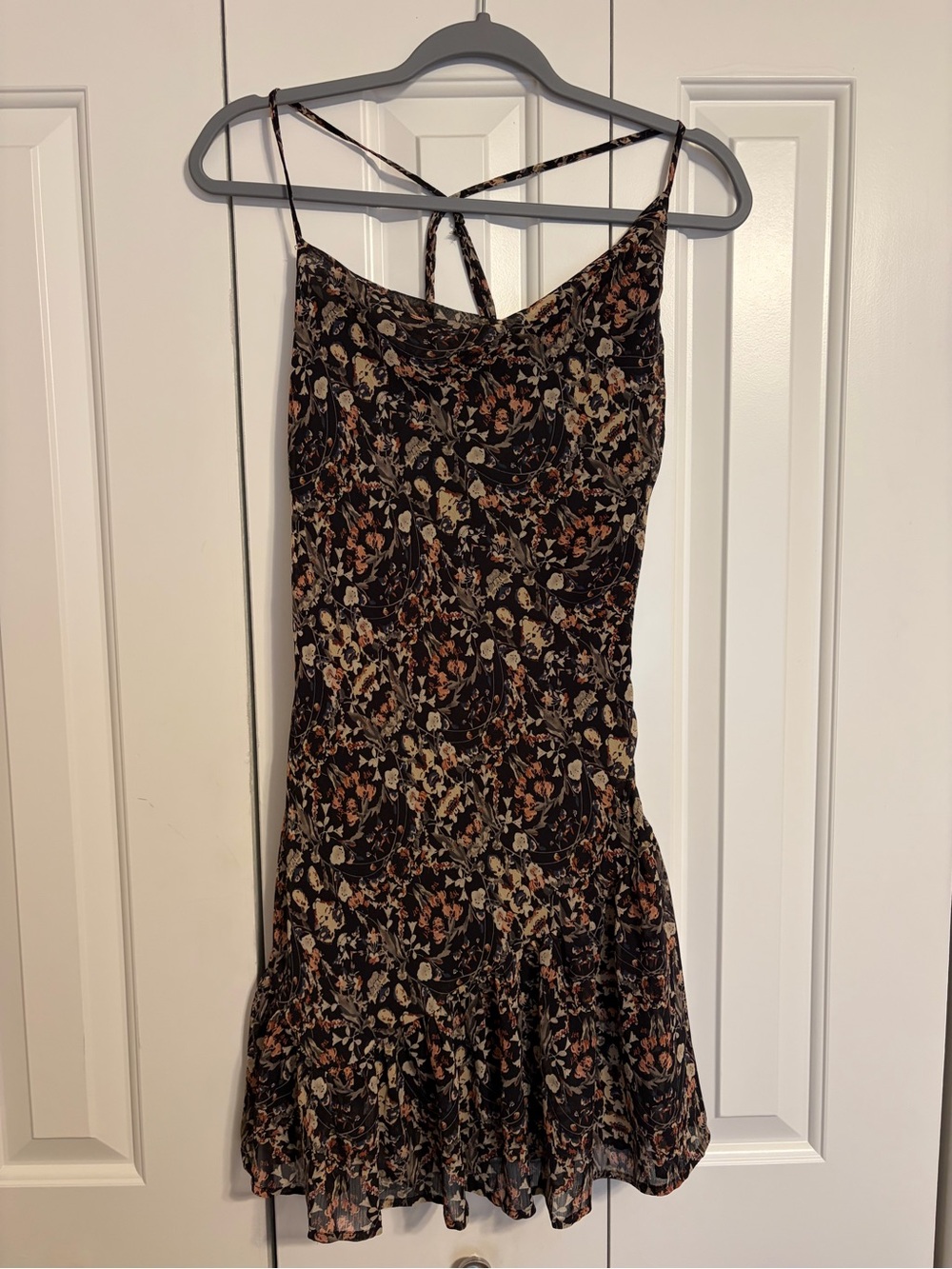 Sage Black Floral Slip Mini Dress with Rust & Cream Accents